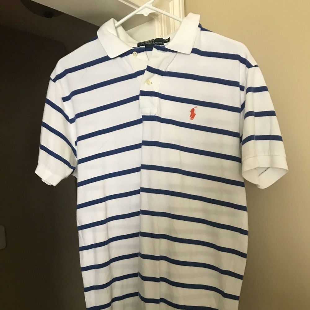 White polo with blue stripes and orange polo horse